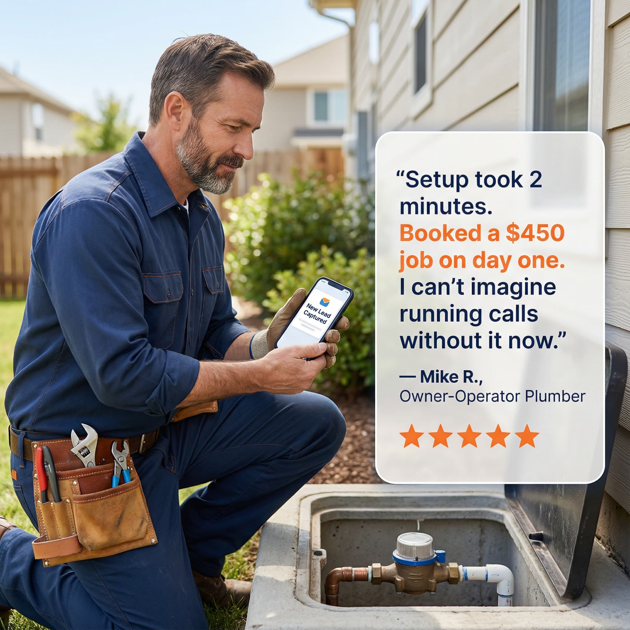 Mike R., Owner-Operator Plumber testimonial: Setup took 2 minutes. Booked a $450 job on day one. I can't imagine running calls without it now.